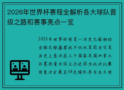 2026年世界杯赛程全解析各大球队晋级之路和赛事亮点一览